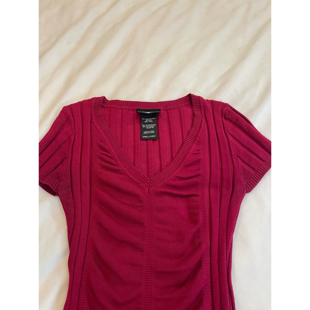 Its Our Time Magenta Pink Ruched V-Neck Ribbed Short Sleeve Sweater Top Small - Picture 2 of 9